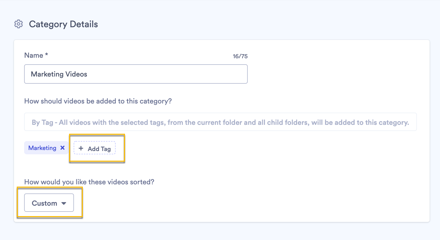 Adding videos to a category by tag and choosing how to order them