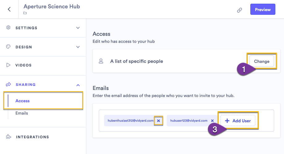 Adding a list of users' email addresses to invite them to access your hub
