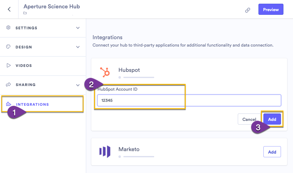 Adding the tracking code or account ID from your marketing automation platform to the integrations settings for a hub