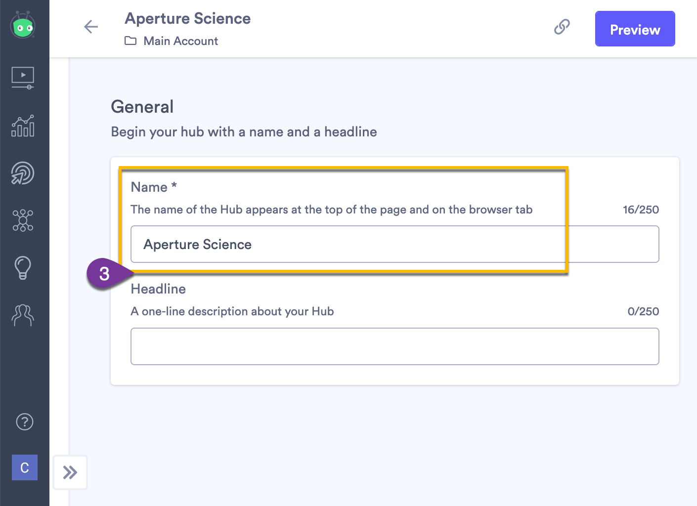 Adding basic details about your hub, a name and a headline