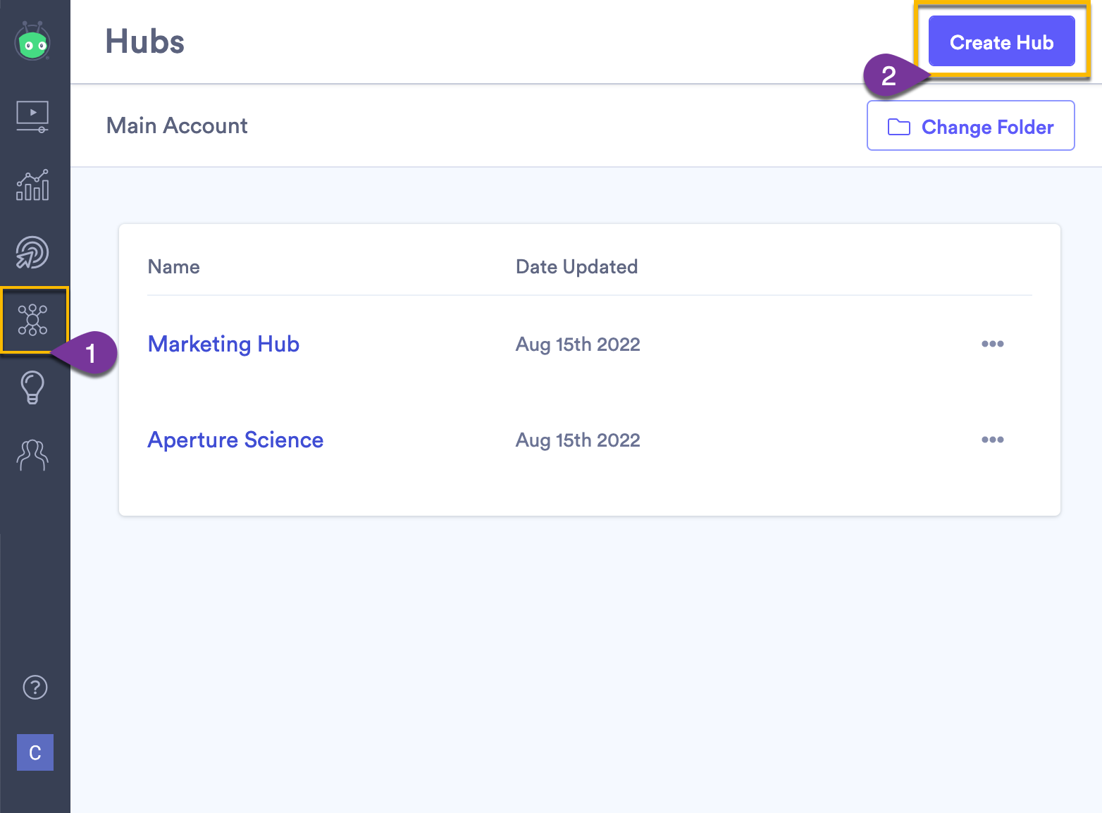 Creating a new hub in Vidyard