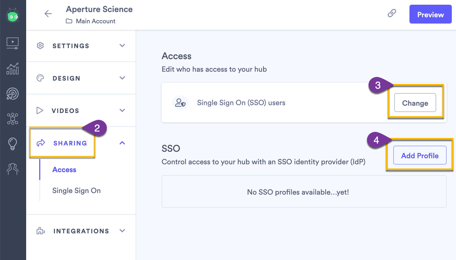 Hub edit page with SSO option selected to secure hub