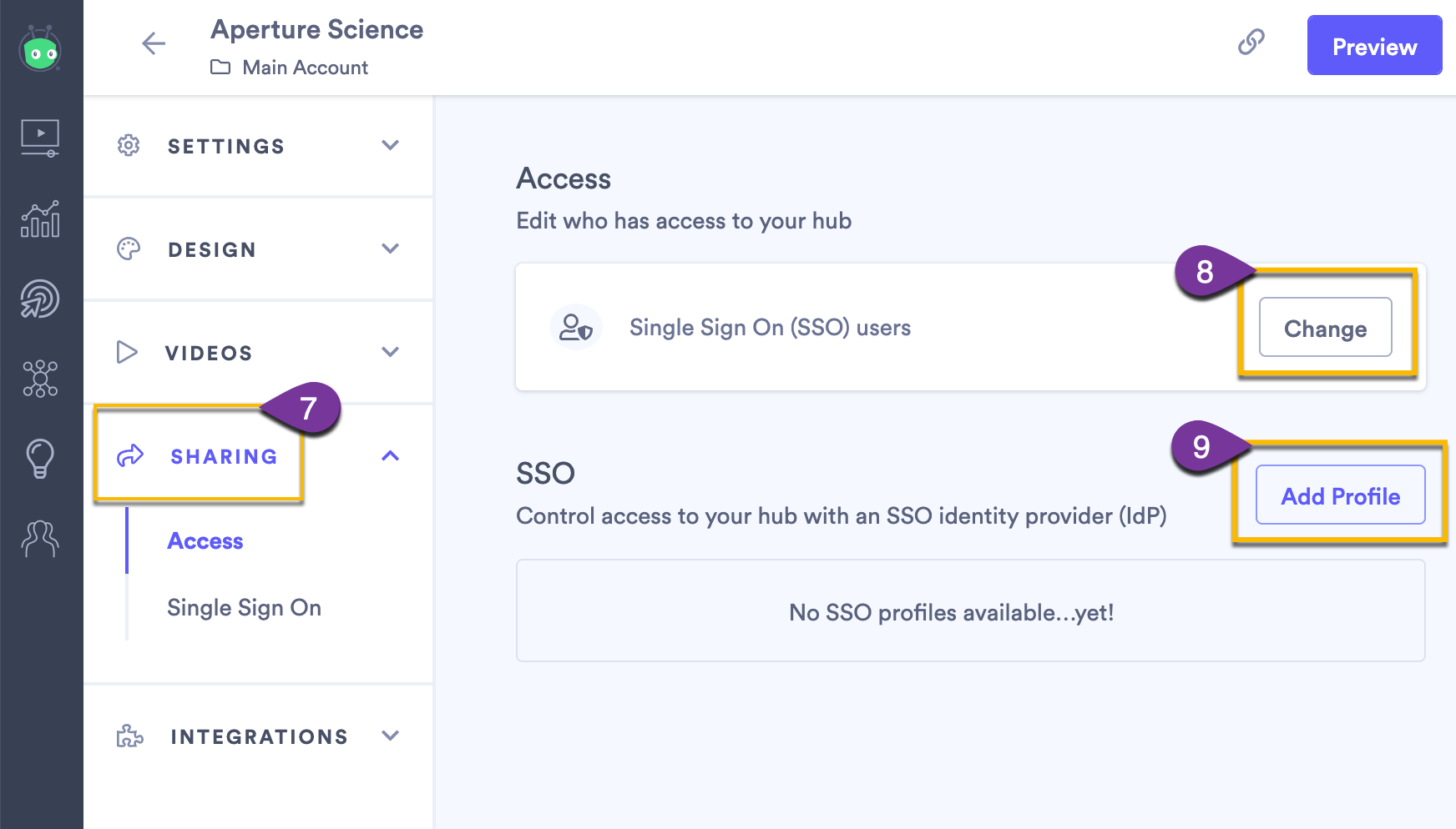 Hub sharing settings with SSO option selected to add new SSO profile