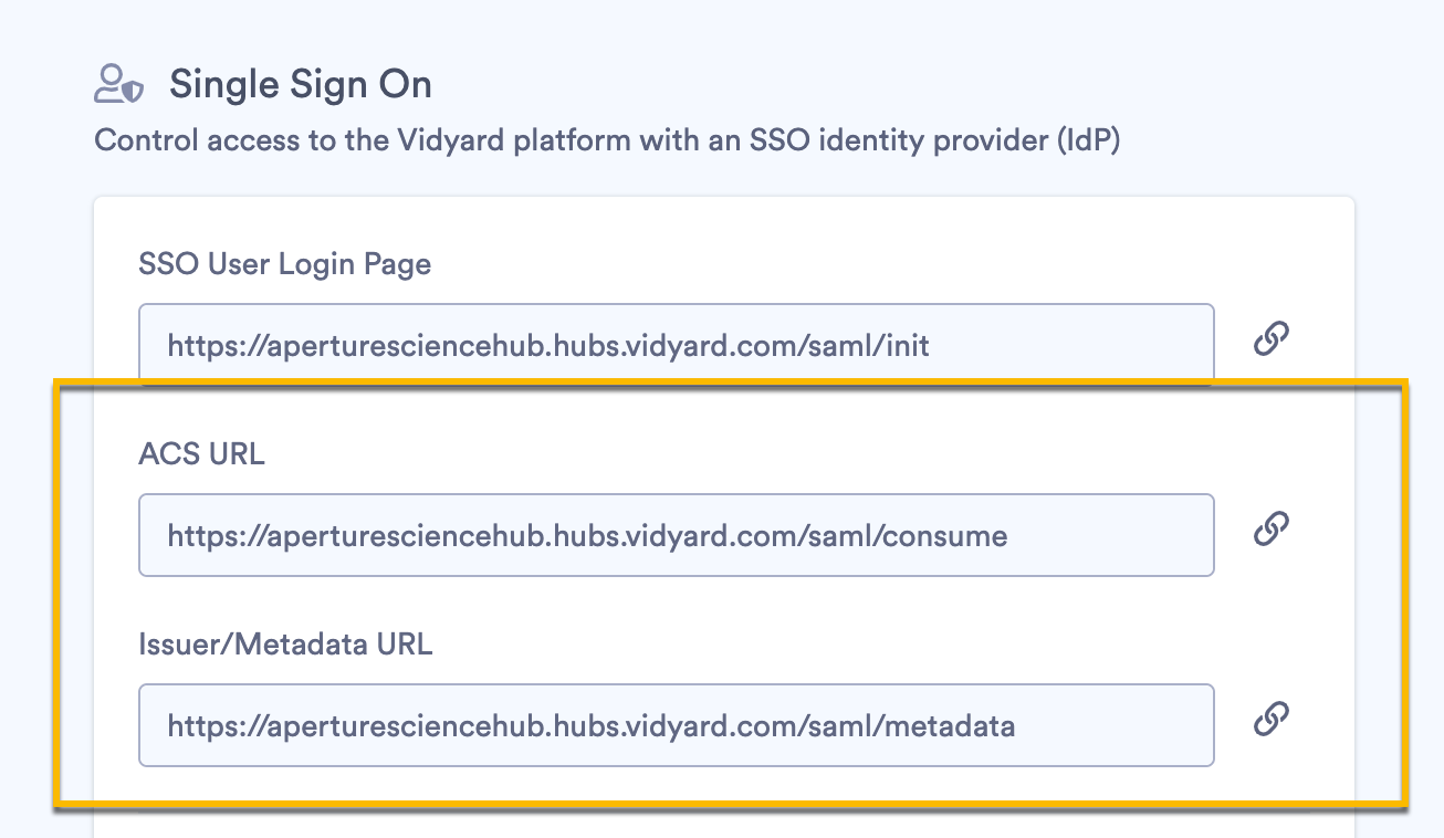 Hub SSO page with setup URLs listed