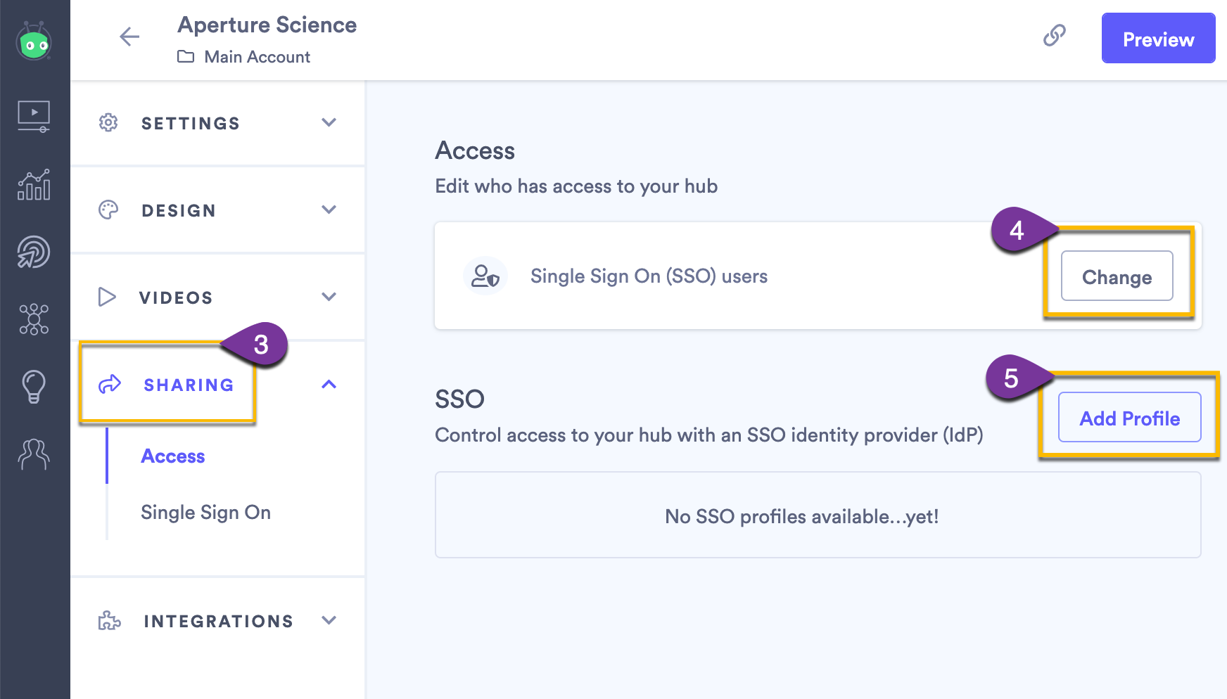 Hub edit page with SSO sharing option selected and new profile able to be added