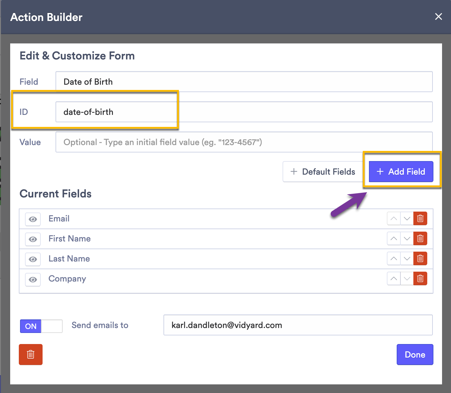 Vidyard Action builder to make custom form fields