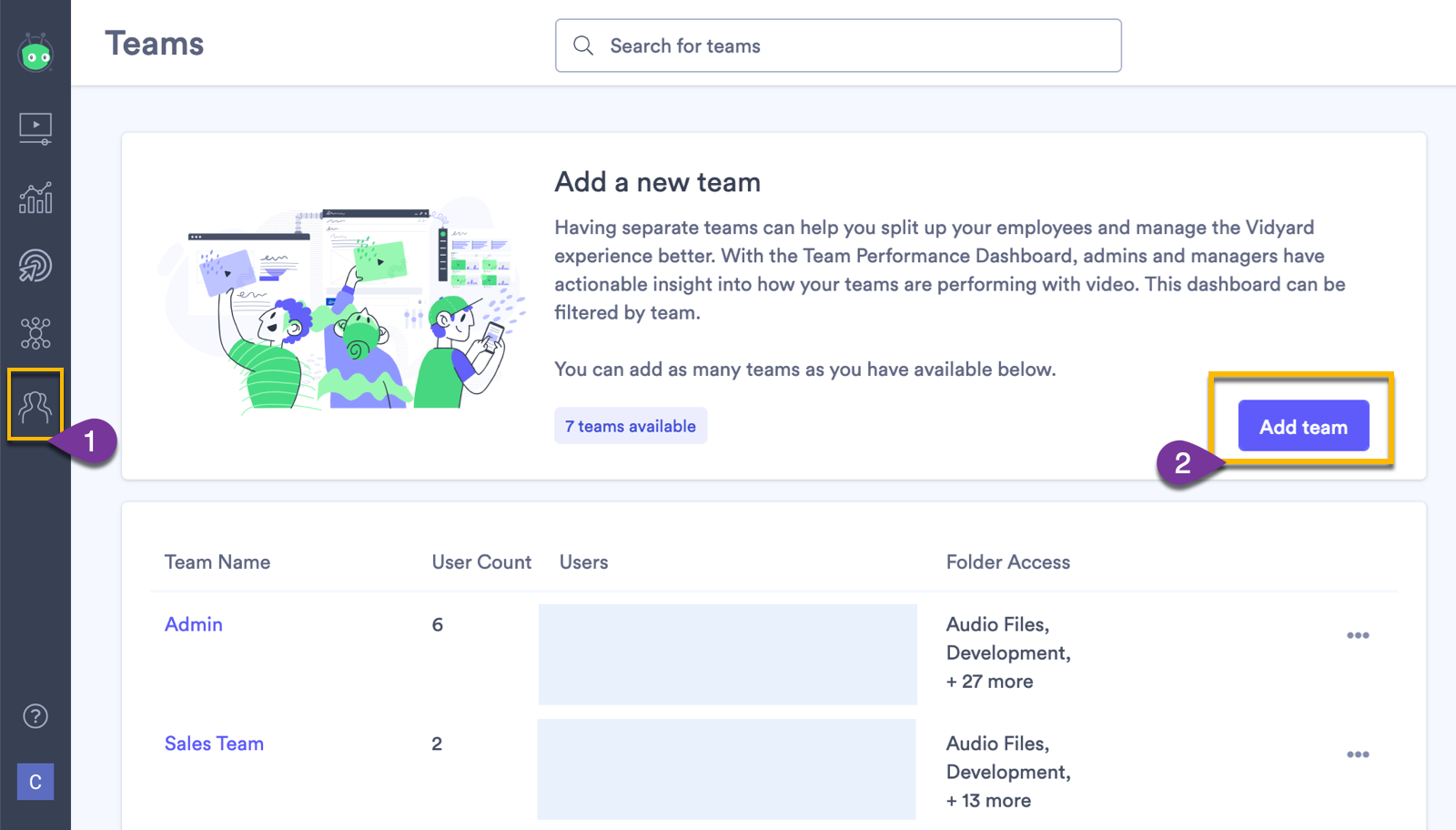 Creating a new team in Vidyard