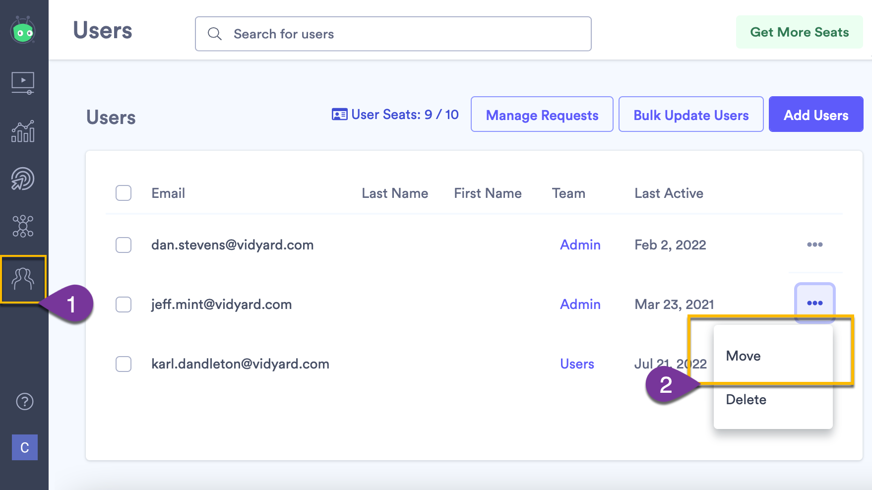 Selecting a user to move to another team