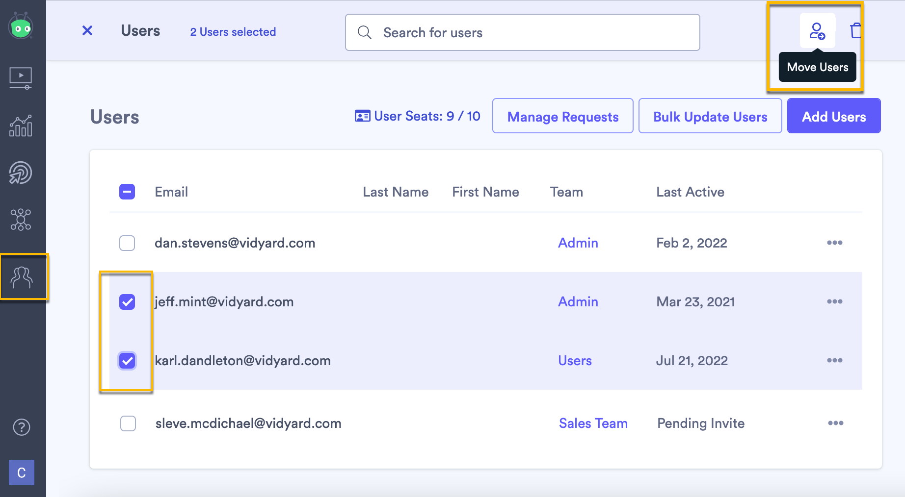Move users to another team vidyard support