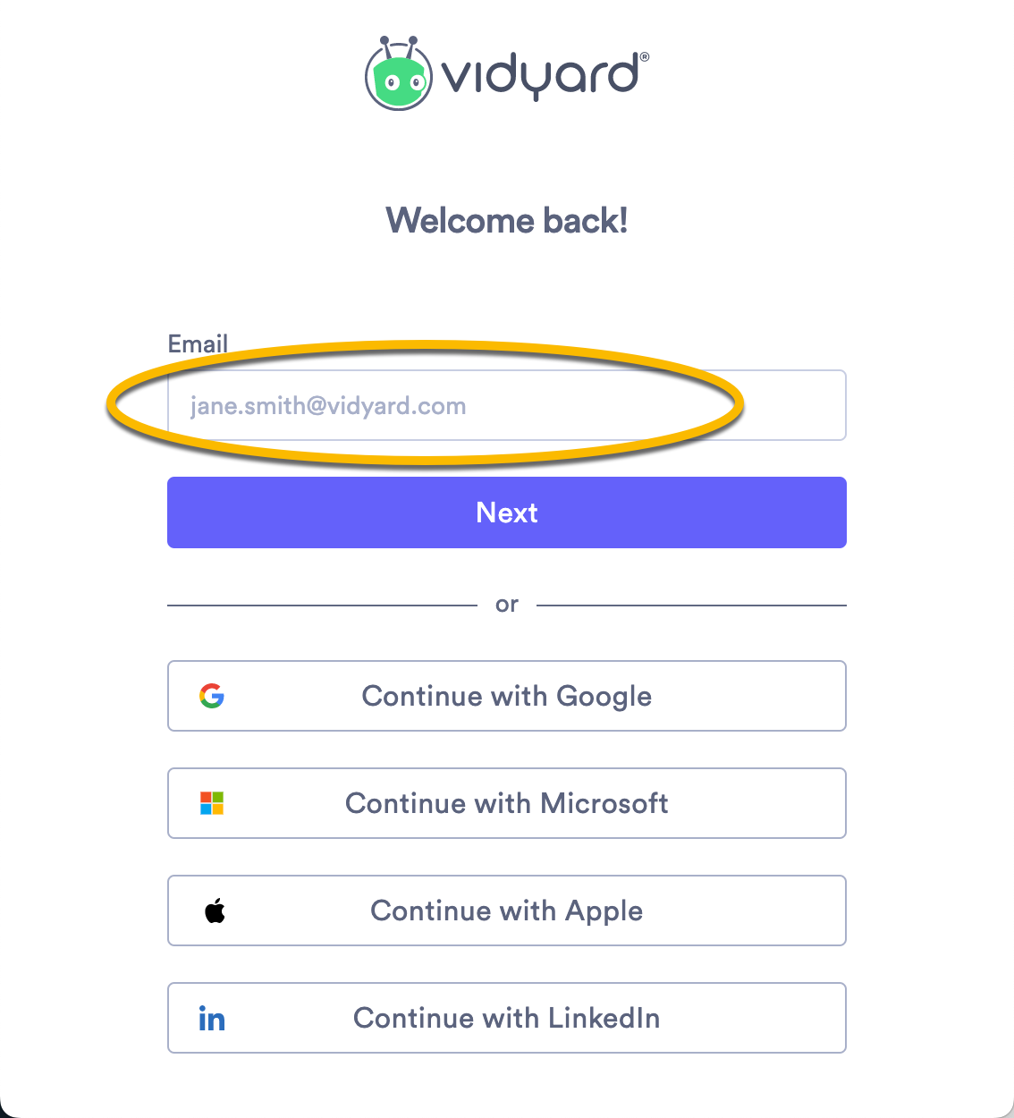 Vidyard's sign-in page with option to enter your email or use a third-party account like Google, Apple, LinkedIn or Microsoft