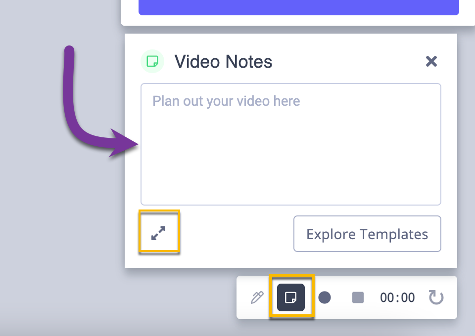 Video Notes text box opened from recording controls before beginning video, with expand option highlighted