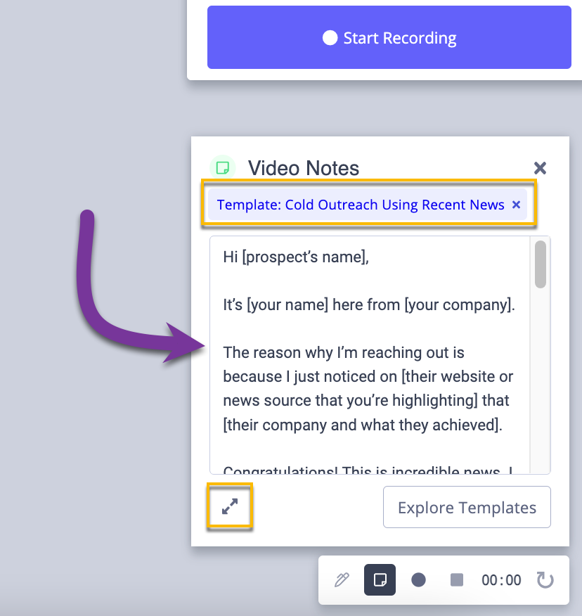 Vidyard browser extension Video Notes with template populated into text box