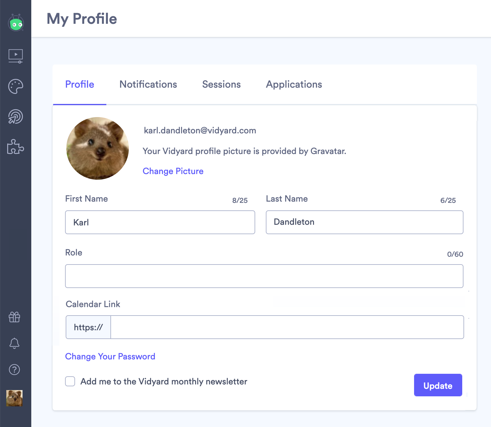 Profile information with first and last name, role, and calendar link fields available