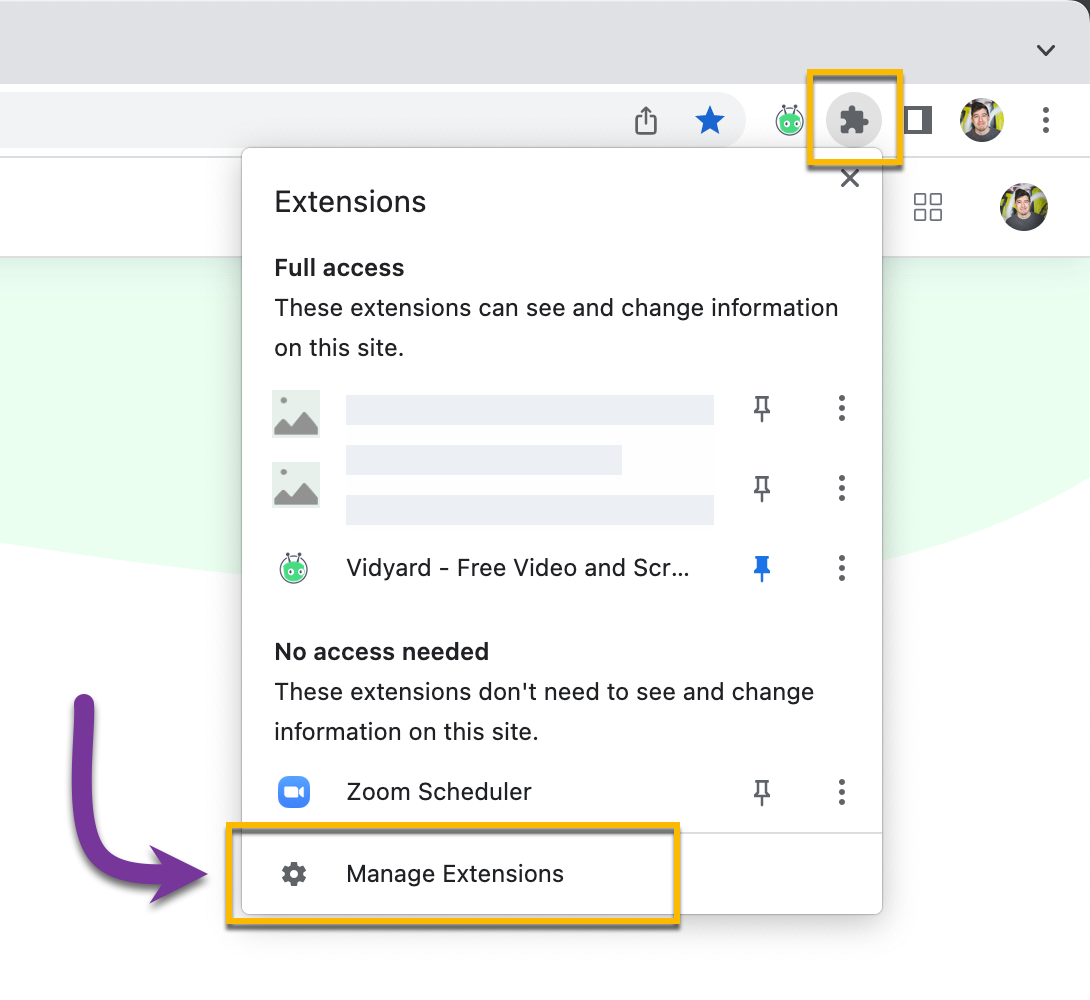Opening the Extension menu in Chrome to manage your installed extensions