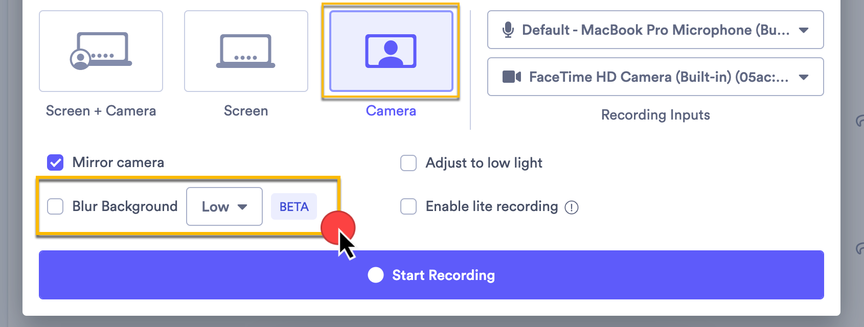 Selecting the Camera recording option, then using the checkbox to enable Blur