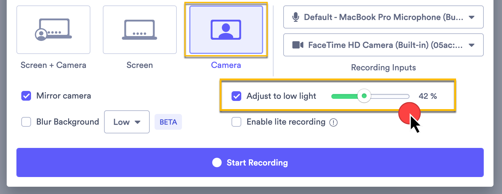 Selecting the Camera recording option, then using the checkbox to enable Adjust to low light