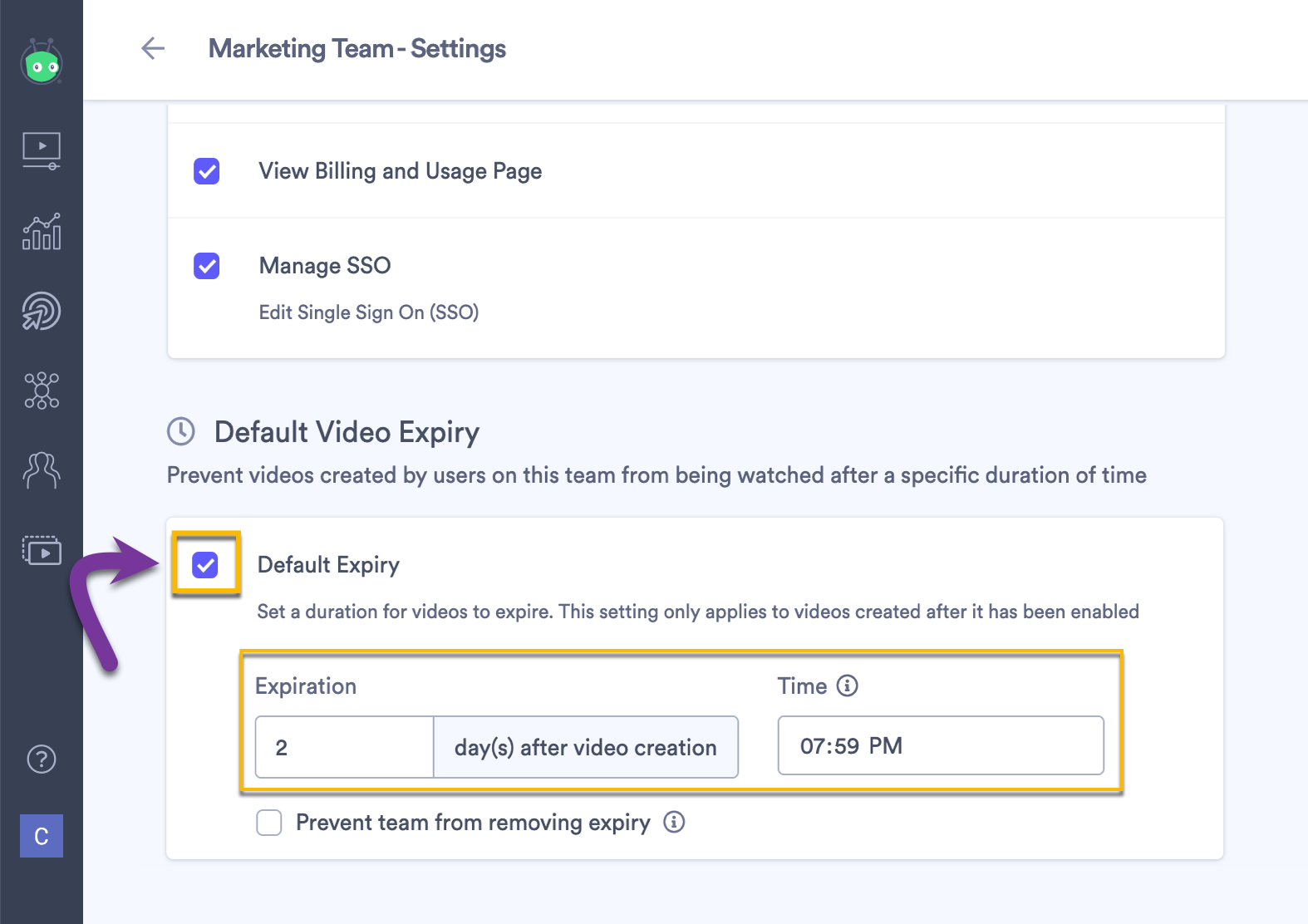 Selecting a default expiry time on a Team's settings page