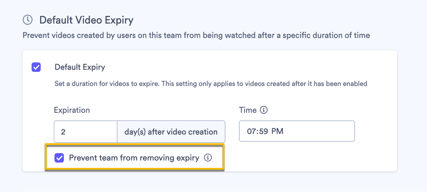 Boxed checked in default expiry settings to prevent team from removing expiry