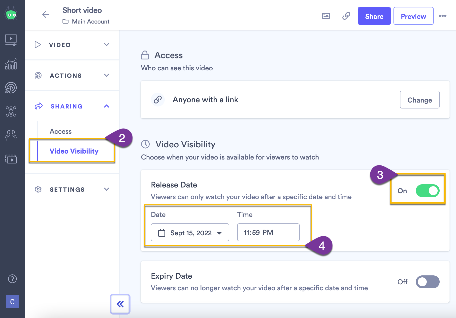 Release and expiry options in a video's visibility settings