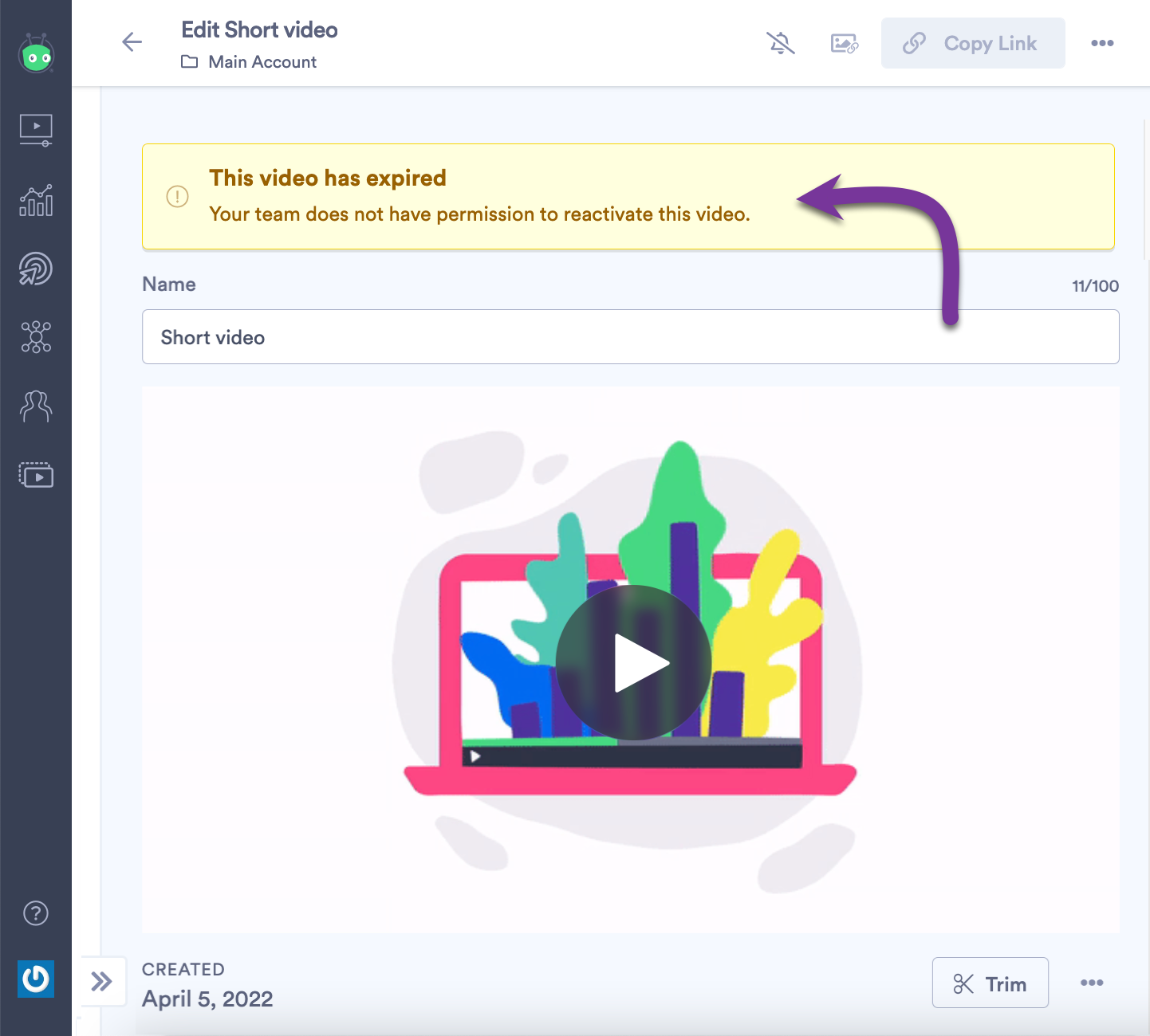 Banner on an expired video's edit page showing user does not have permissions to reactivate