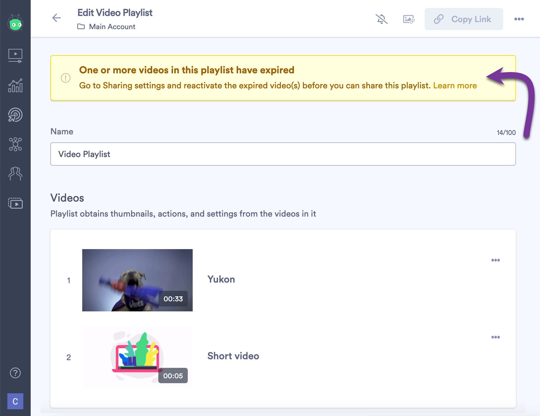 Banner on playlist page showing that one or more videos are expired