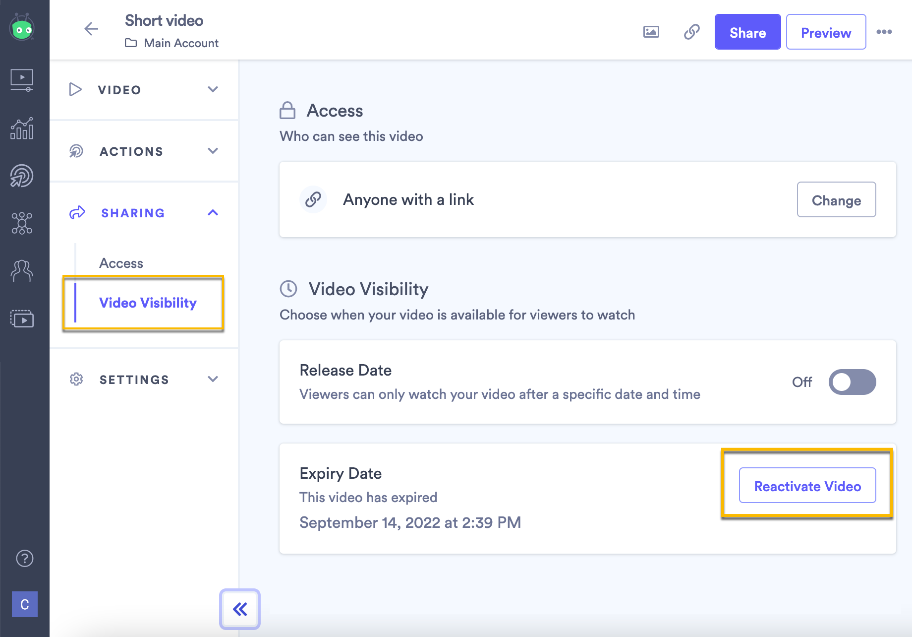 Reactivate an expired video in the video's visibility settings