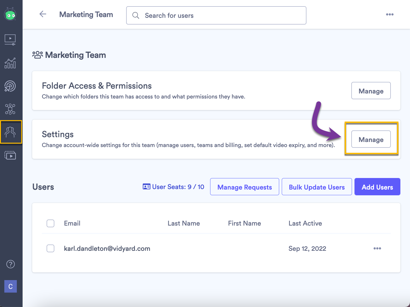 Vidyard Team page with manage settings button selected