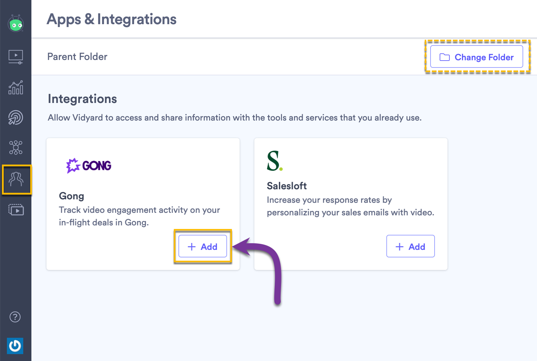 Selecting the Add button next to Gong on the integrations page in Vidyard