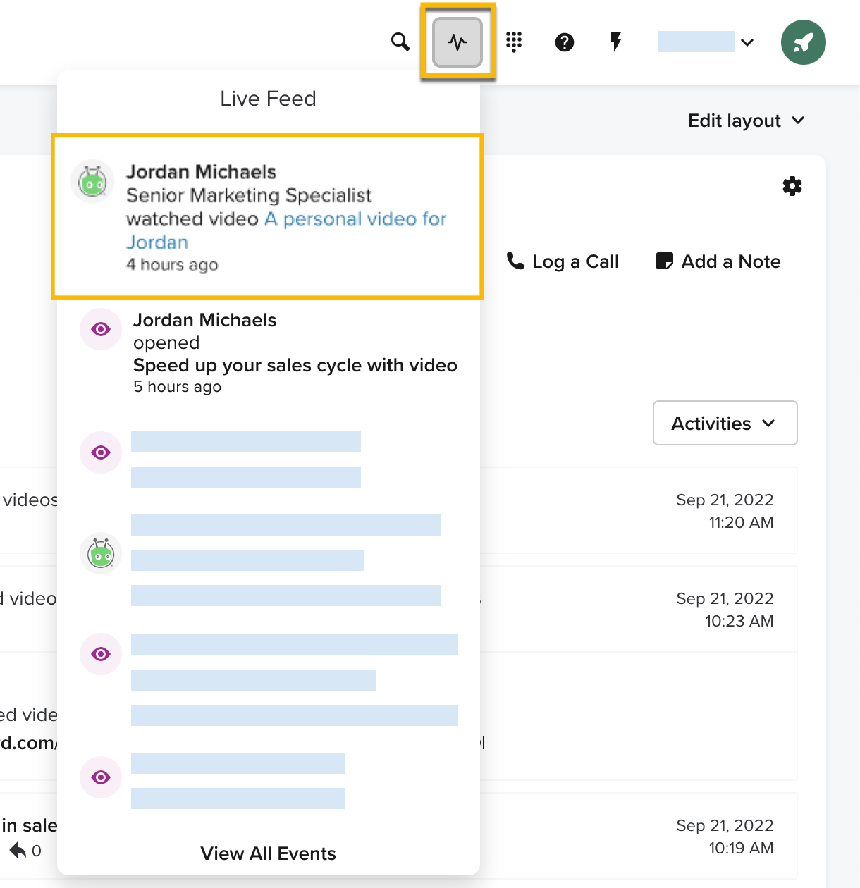 A video view notification in the Salesloft Live Feed