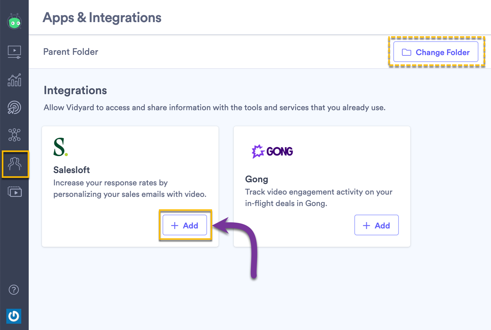 Selecting the Add button next to Salesloft to set up the integration