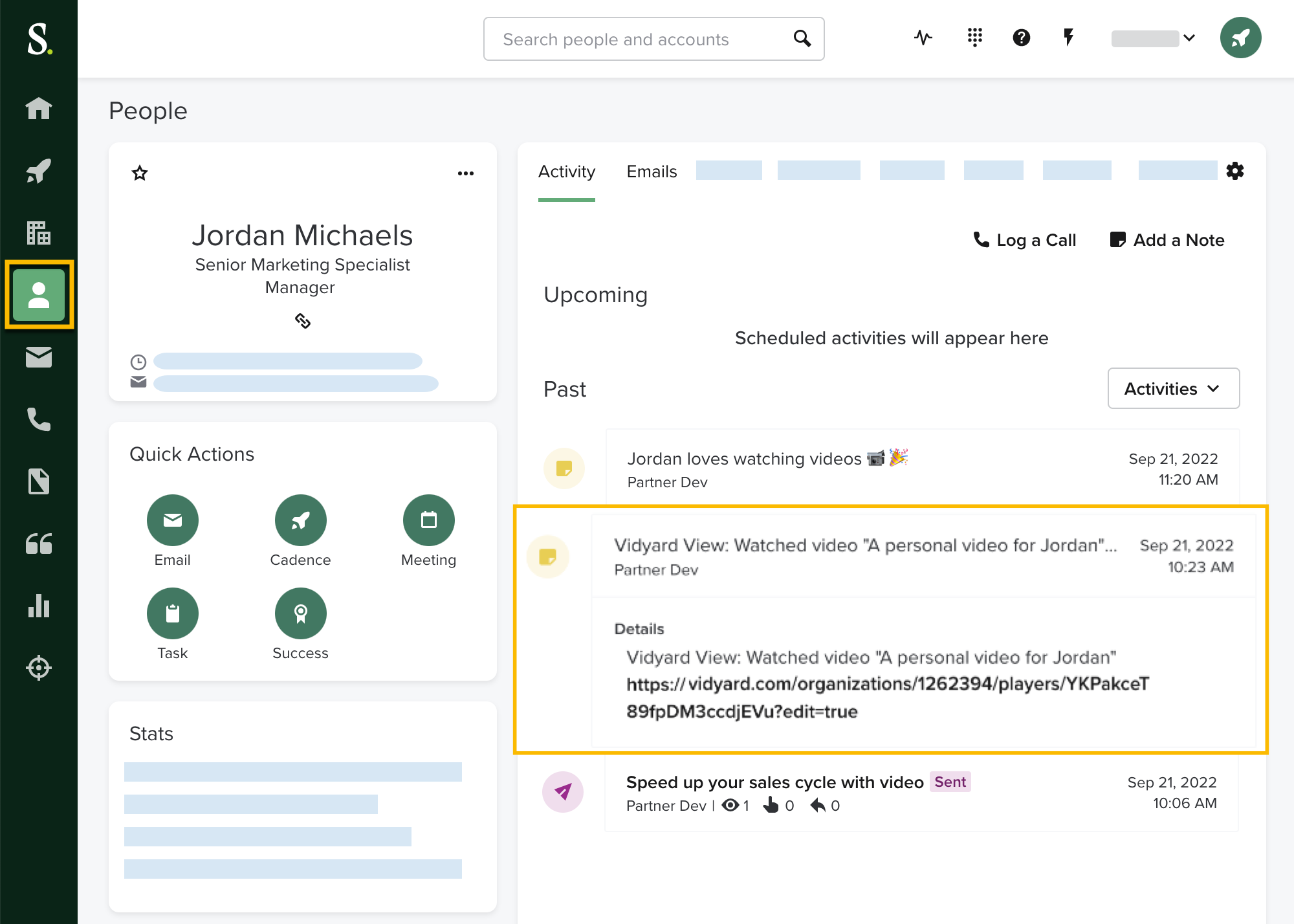 A video view notification in a person's activity in Salesloft