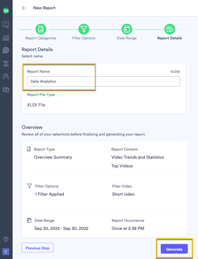 Report overview screen showing selected categories, filters, and date range, and allowing title selection