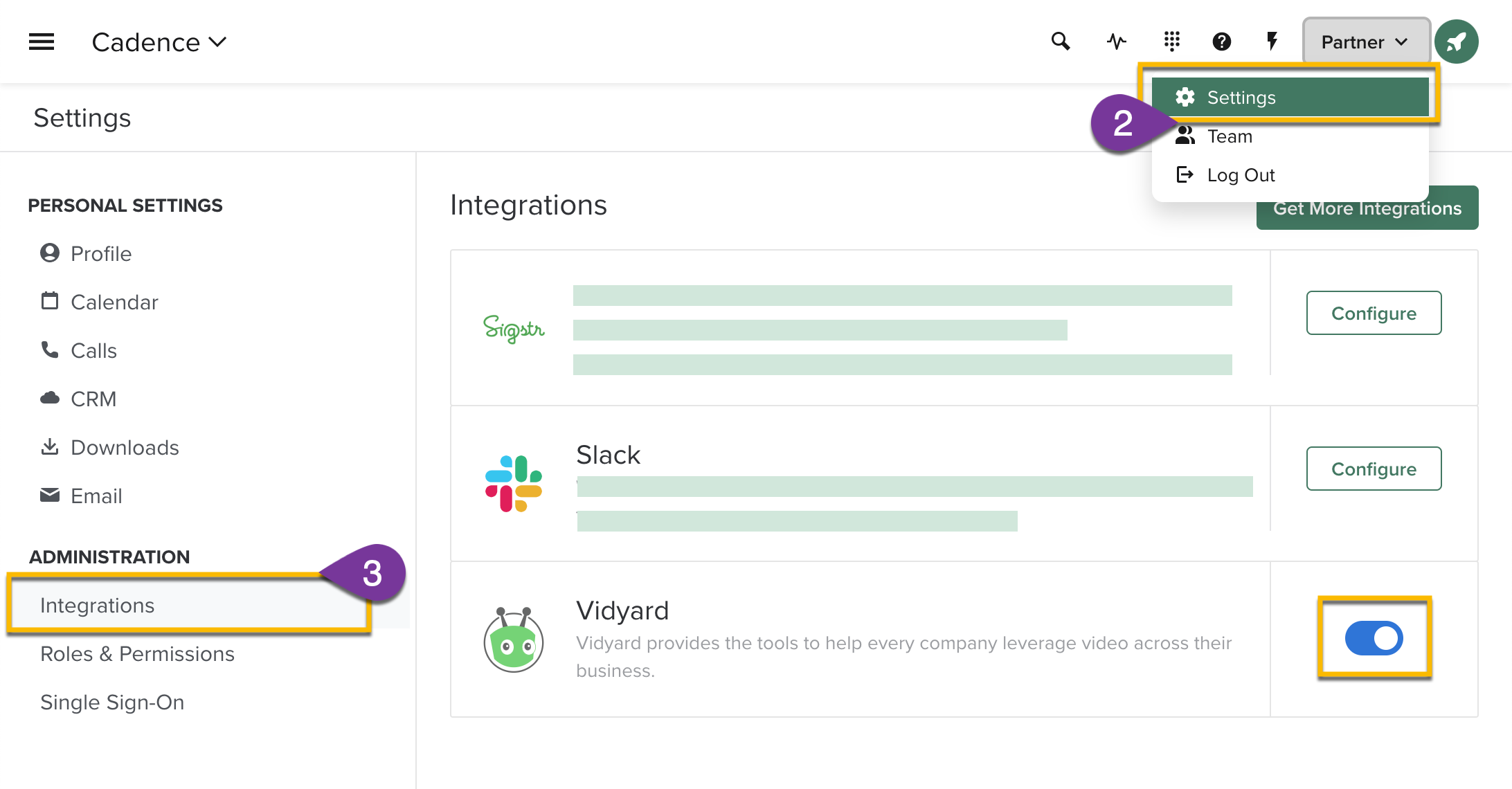 Using the toggle to enable Vidyard in the Salesloft integrations settings page