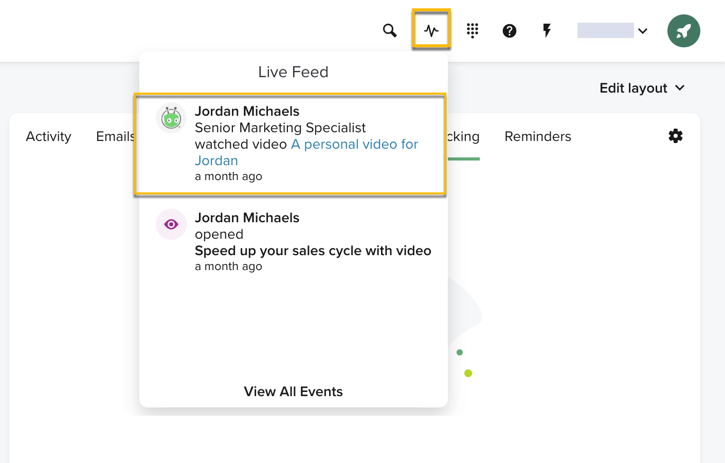 Opening the Live Feed menu in Salesloft to see notifications about who has watched your videos