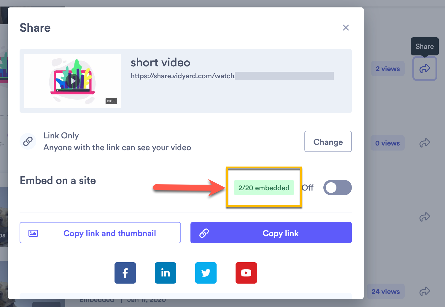 In the sharing options for a video, noting the green label next to the embed toggle that indicates your current total usage