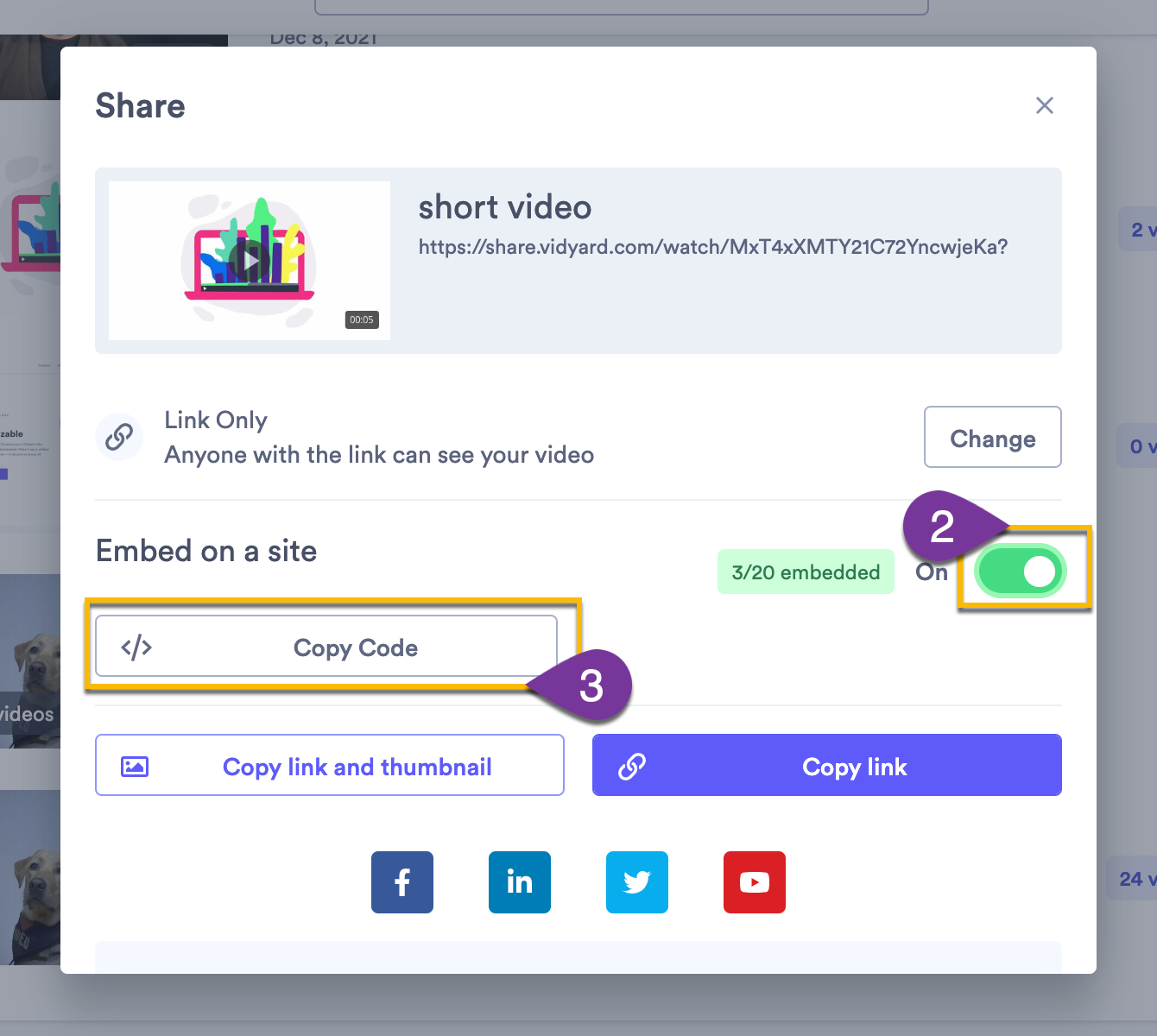 Opening the sharing options for a video, then using the toggle to enable embedding